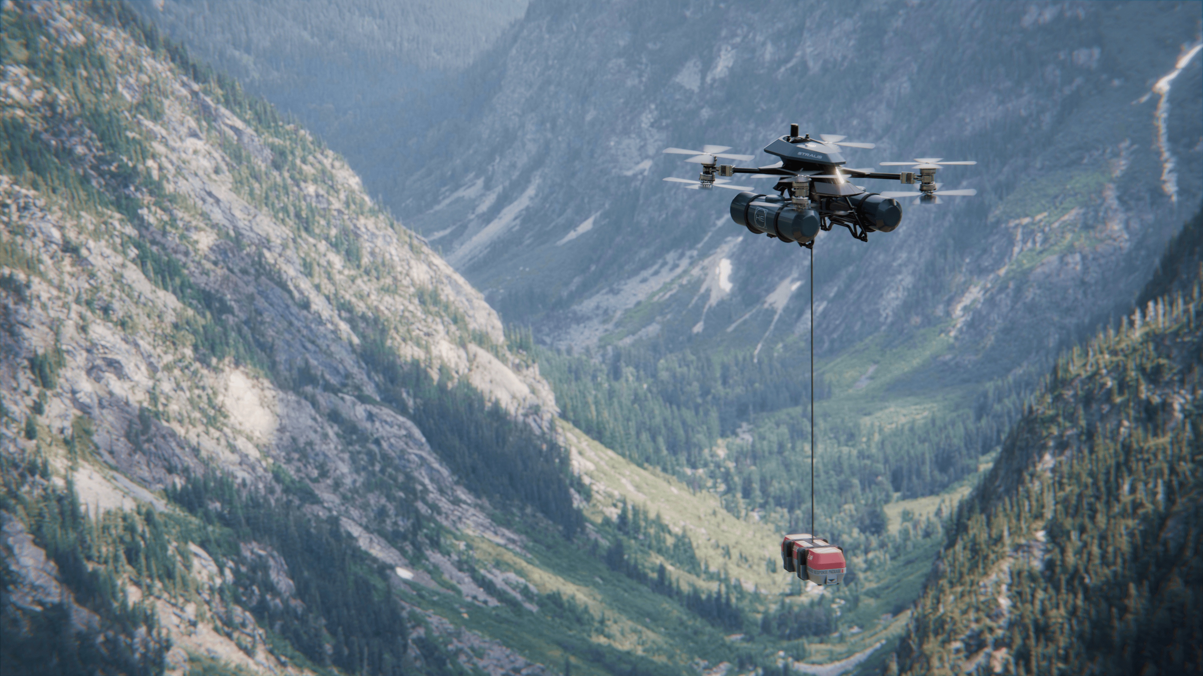 Stralis cargo drone carrying payload over mountainous terrain